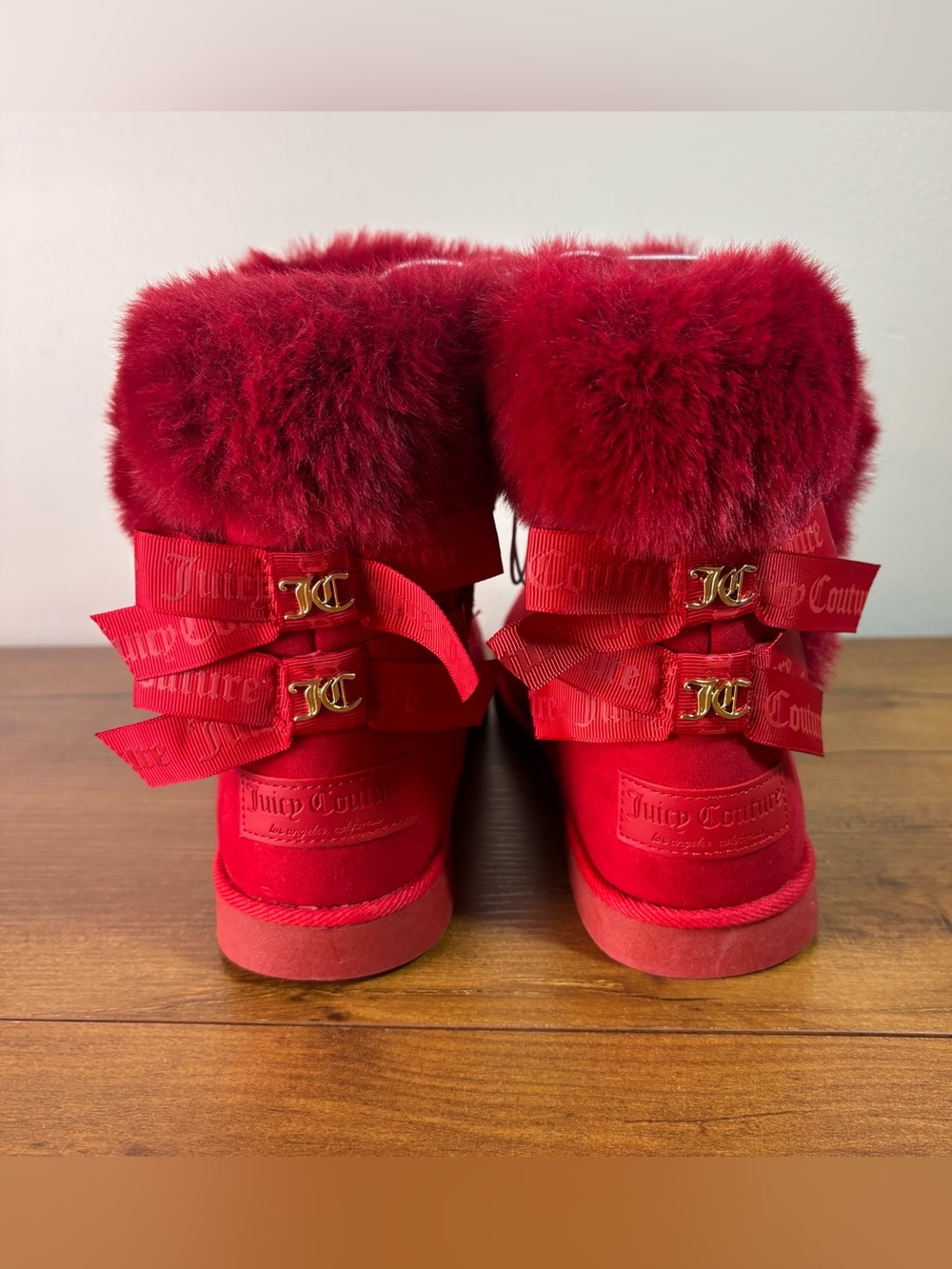 Juicy Couture 7.5 King Red Faux Fur Ribbon Bow Ankle Boots NWT Womens Y2K Reviva